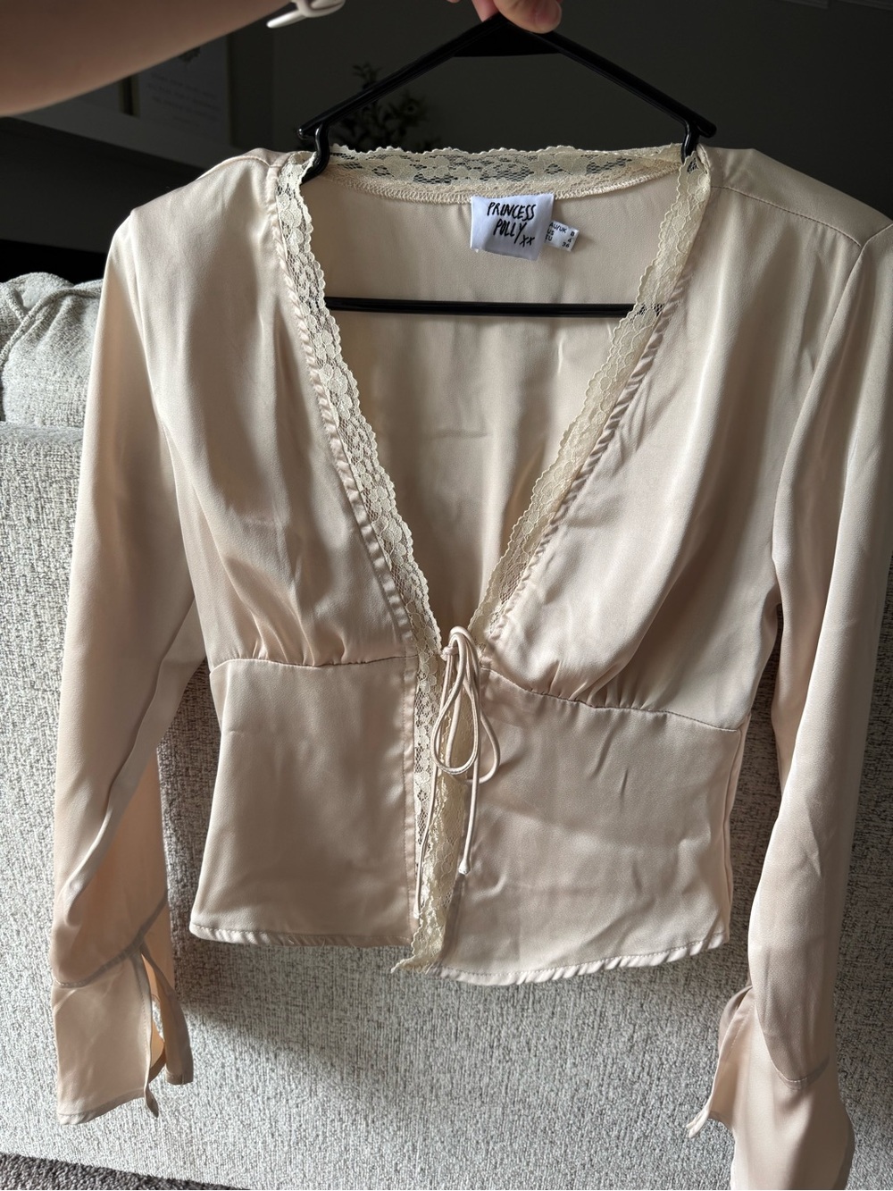 Princess Polly Cream Lace-Trim Tie-Front Cami